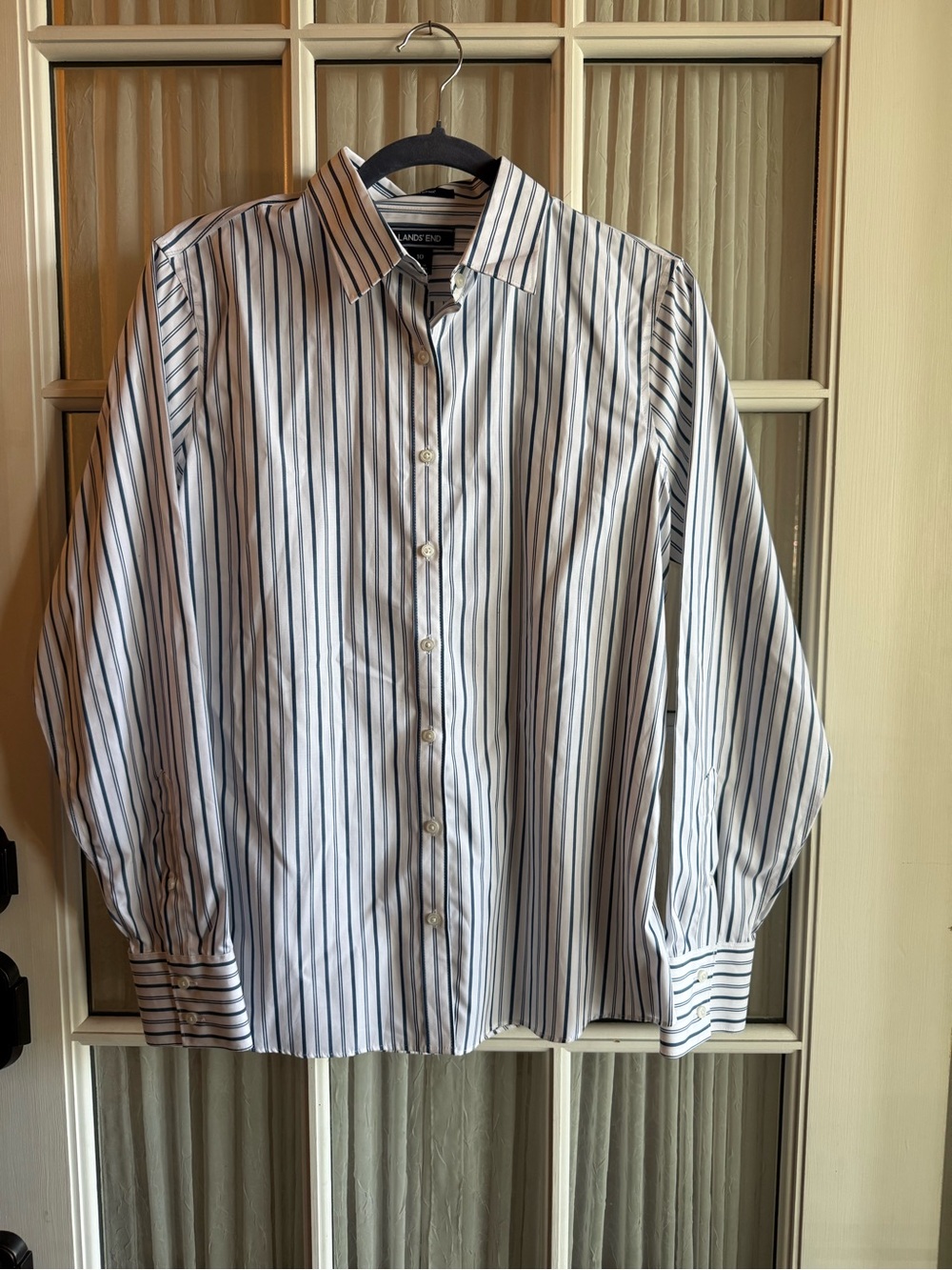 Lands' End No-Iron Supima Shirt White Navy Stripe Women's Size 10
